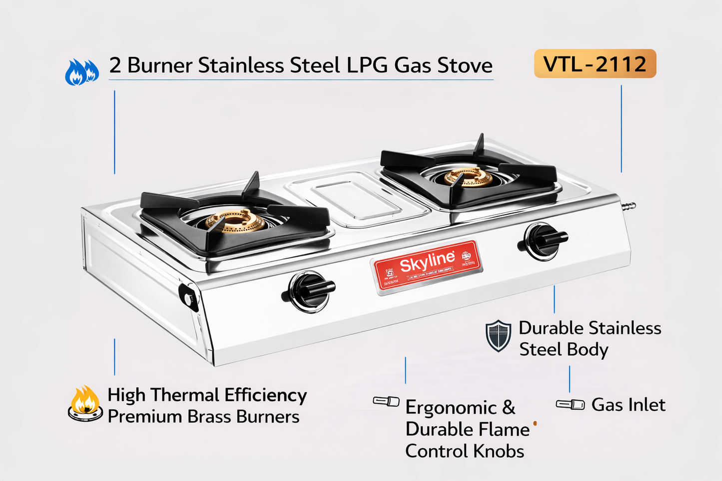Skyline Stainless Steel LPG Gas Stove VTL-2112 | 2 Burner | Durable & Efficient Kitchen Stove