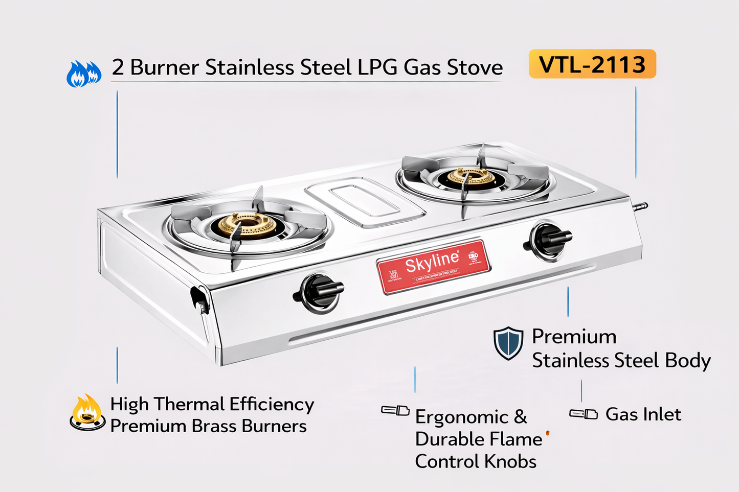 Skyline Stainless Steel LPG Gas Stove VTL-2113 | 2 Burner | Heavy Duty & Efficient Kitchen Stove