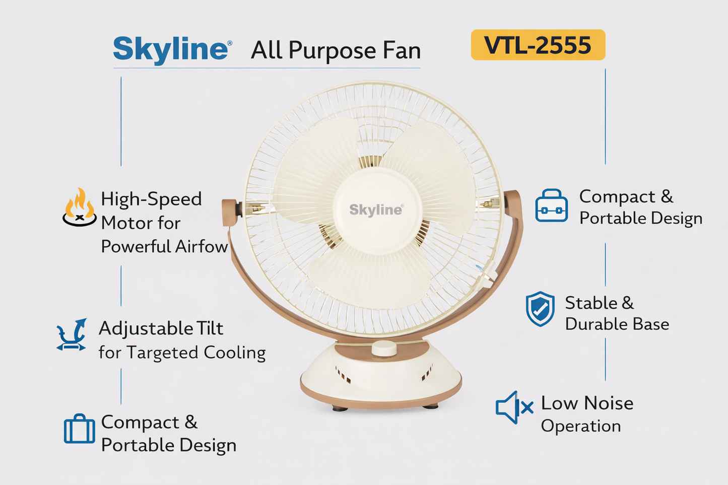 Skyline All Purpose Fan VTL-2555 | High Speed | Multi-Utility Table & Personal Fan