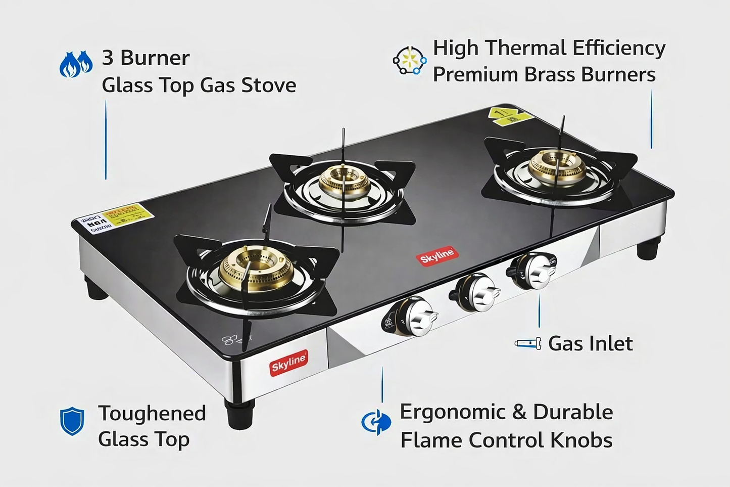 Skyline 3 Burner Glass Top Gas Stove (Model VTL-2121) | Premium Brass Burners | Modern Kitchen Use