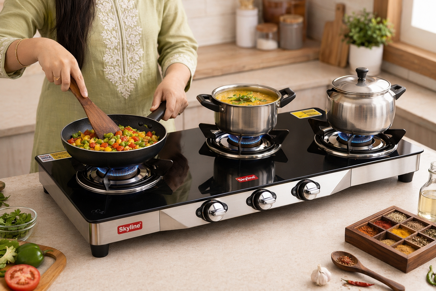 Skyline 3 Burner Glass Top Gas Stove (Model VTL-2121) | Premium Brass Burners | Modern Kitchen Use