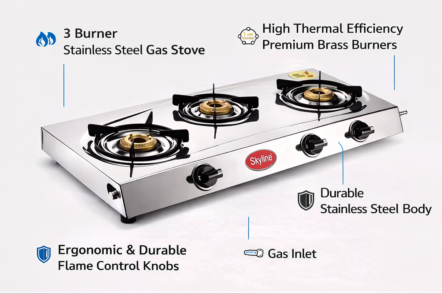 Skyline Stainless Steel LPG Gas Stove VTL-3112 | 3 Burner | Heavy Duty Design for Kitchen Use