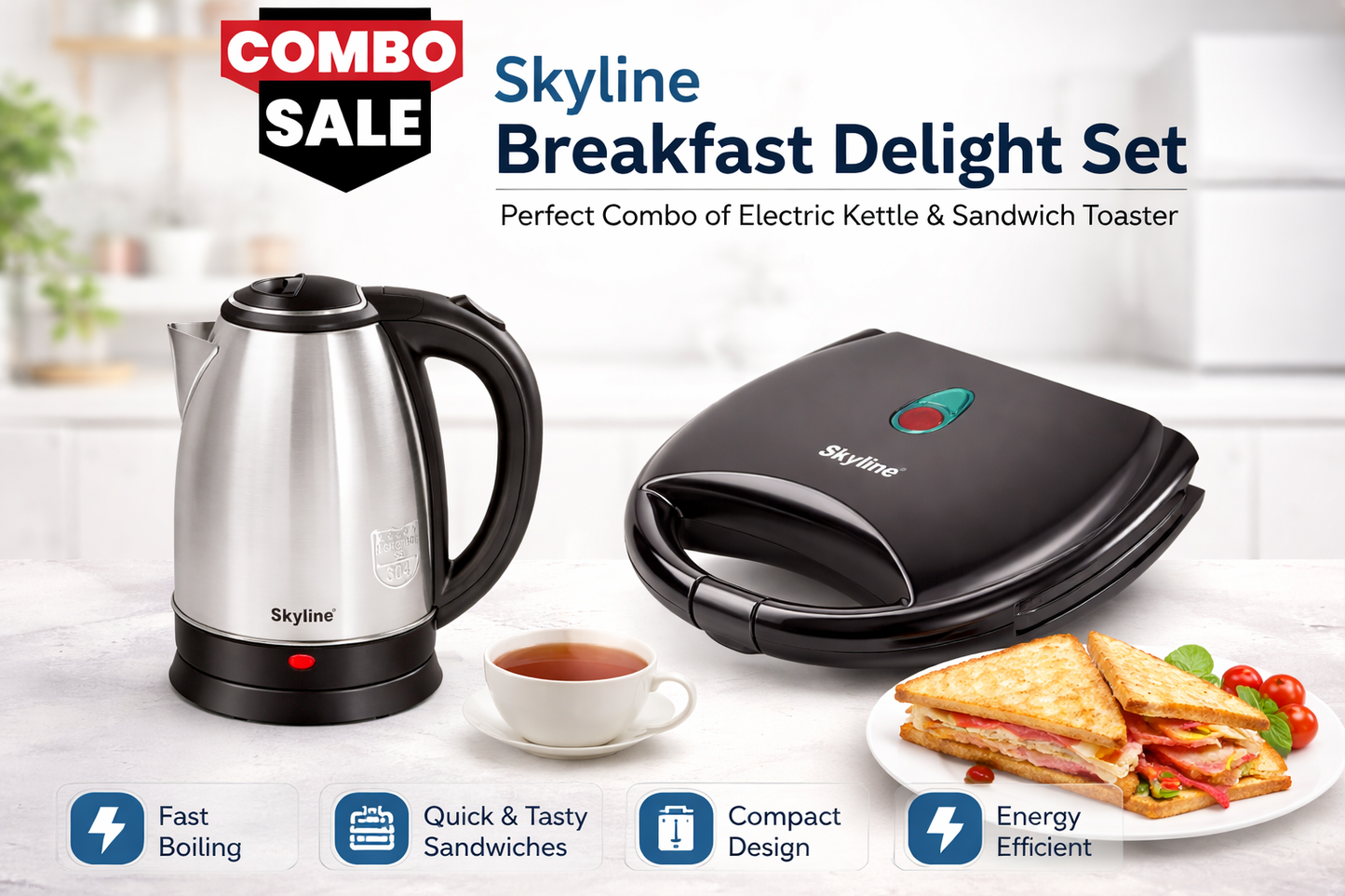 Skyline Breakfast Delight Set – Perfect Combo of Electric Kettle &amp; Sandwich Toaster
