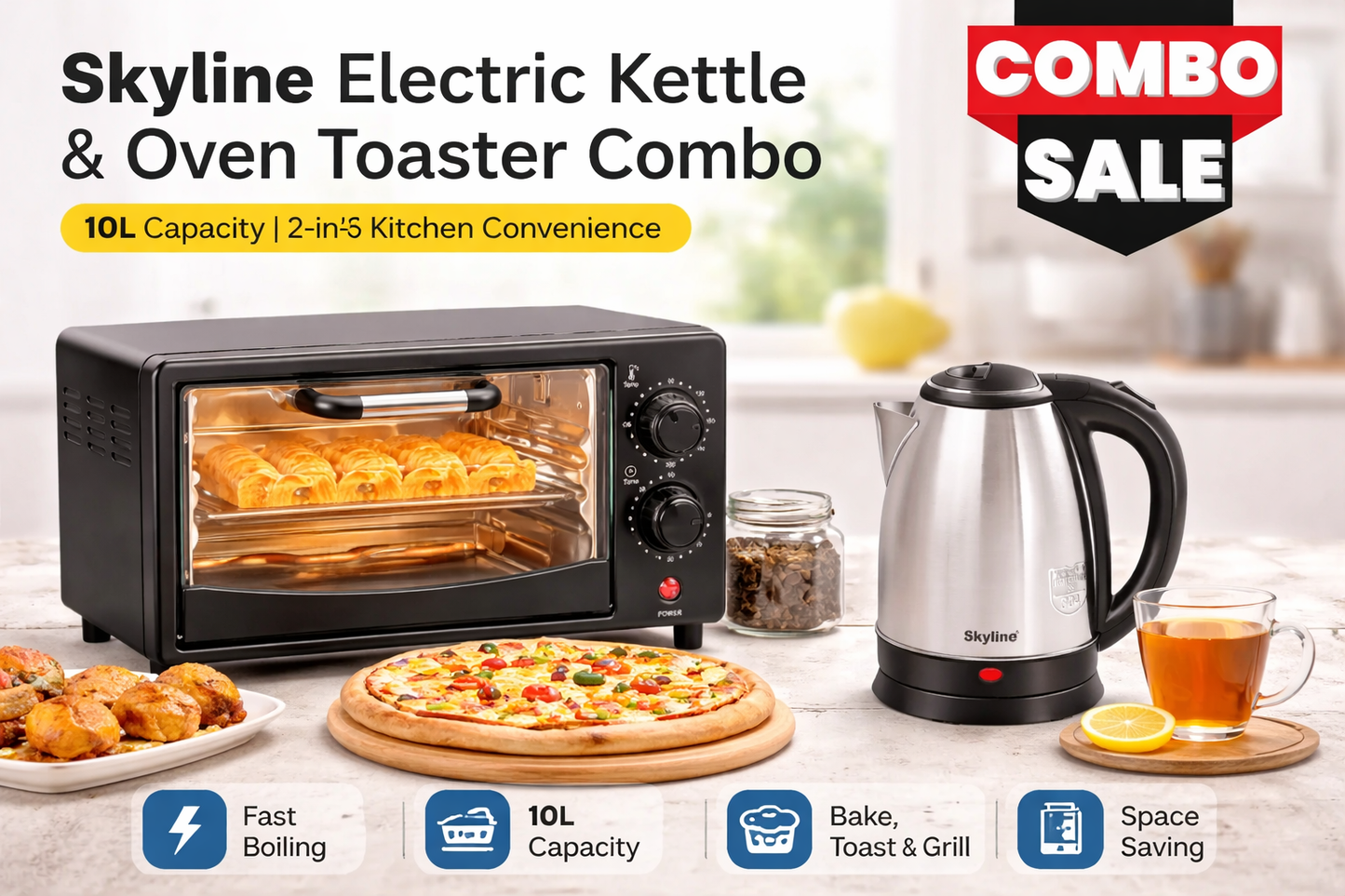 Skyline Electric Kettle & Oven Toaster Combo | 10L Capacity | 2-in-1 Kitchen Convenience