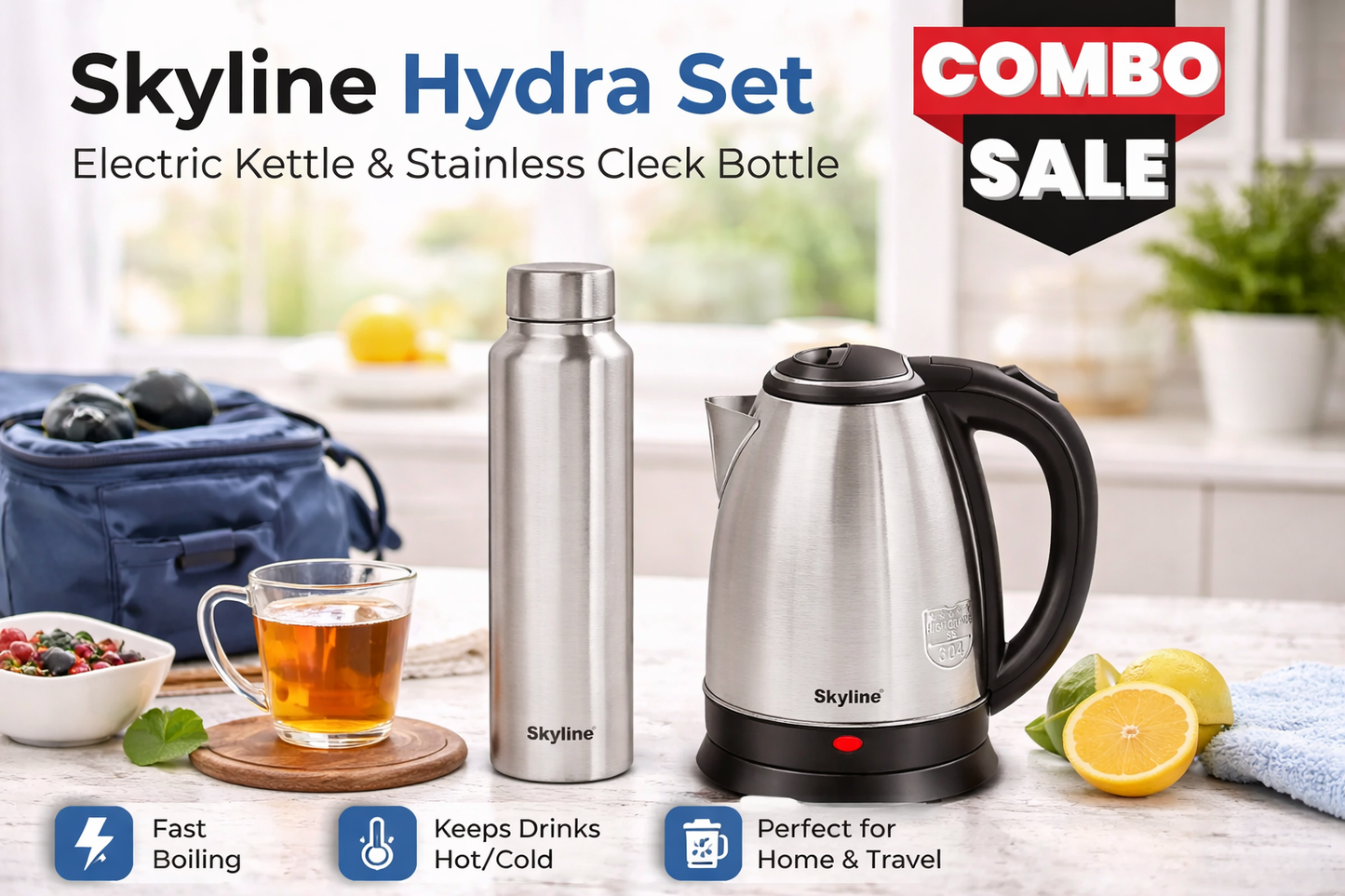 Skyline Hydra Set: Electric Kettle & Stainless Steel Bottle – The Ultimate Beverage Duo