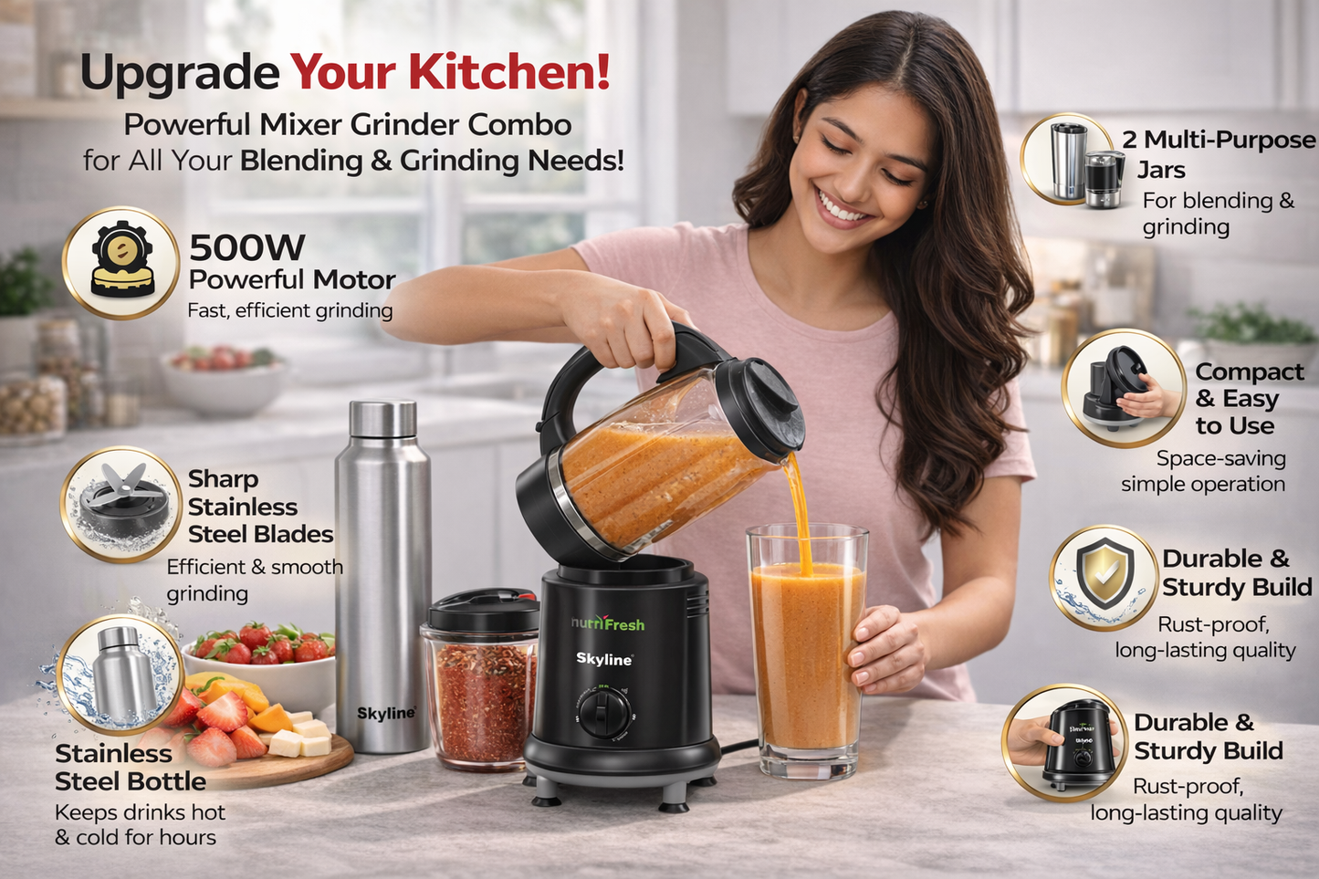 Skyline Nutri Fresh Mixer Grinder Combo | 2 Jars + Steel Bottle | 500W Powerful Motor | Multi-Purpose Kitchen Solution