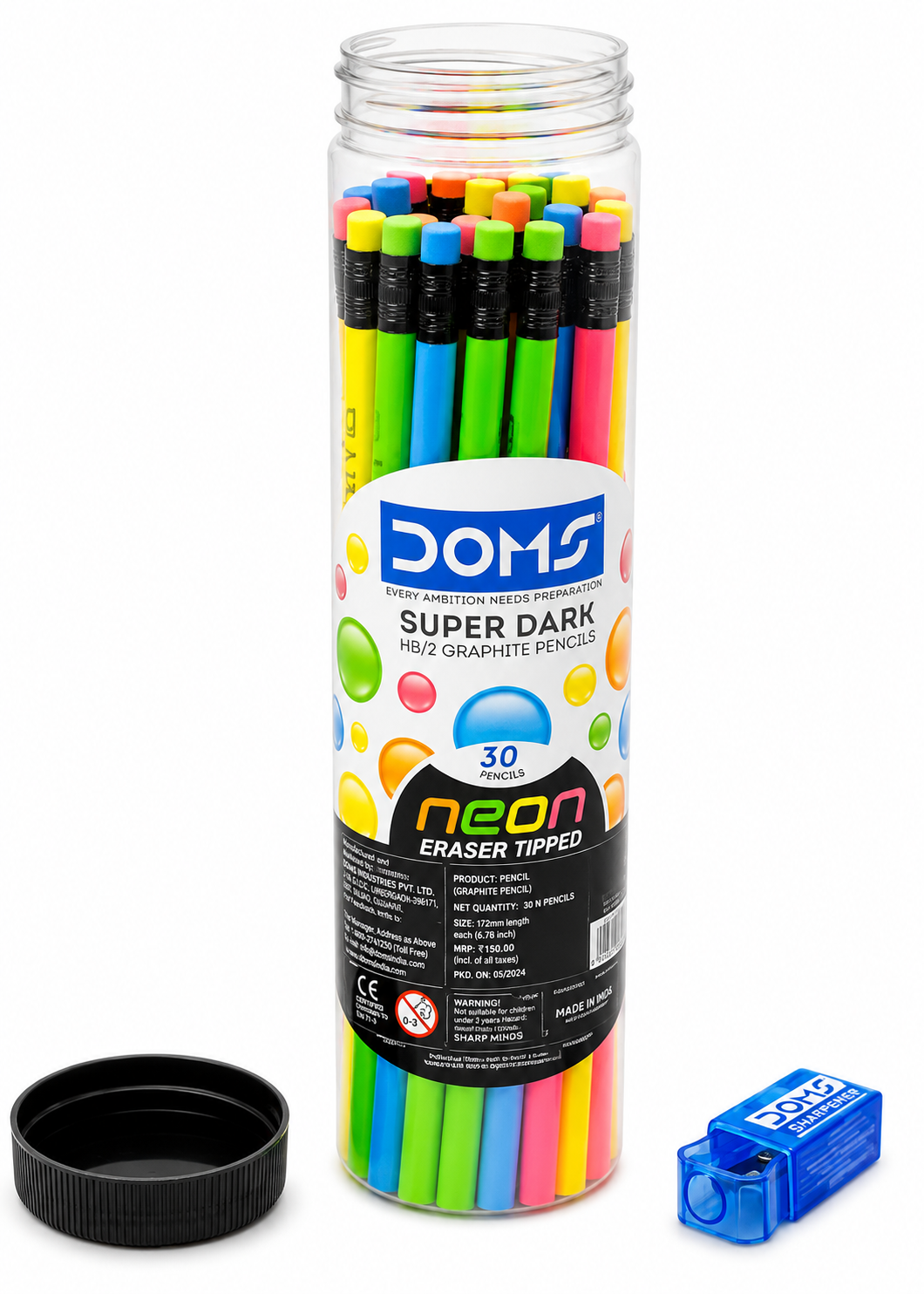 Doms Neon Rubber Tipped HB/2 Graphite Pencil Jar Pack | Confortable & Soft In Hands | Dark & Neat Handwriting | Free Sharpener, Eraser & Scale Inside | Pack of 30 Pencils