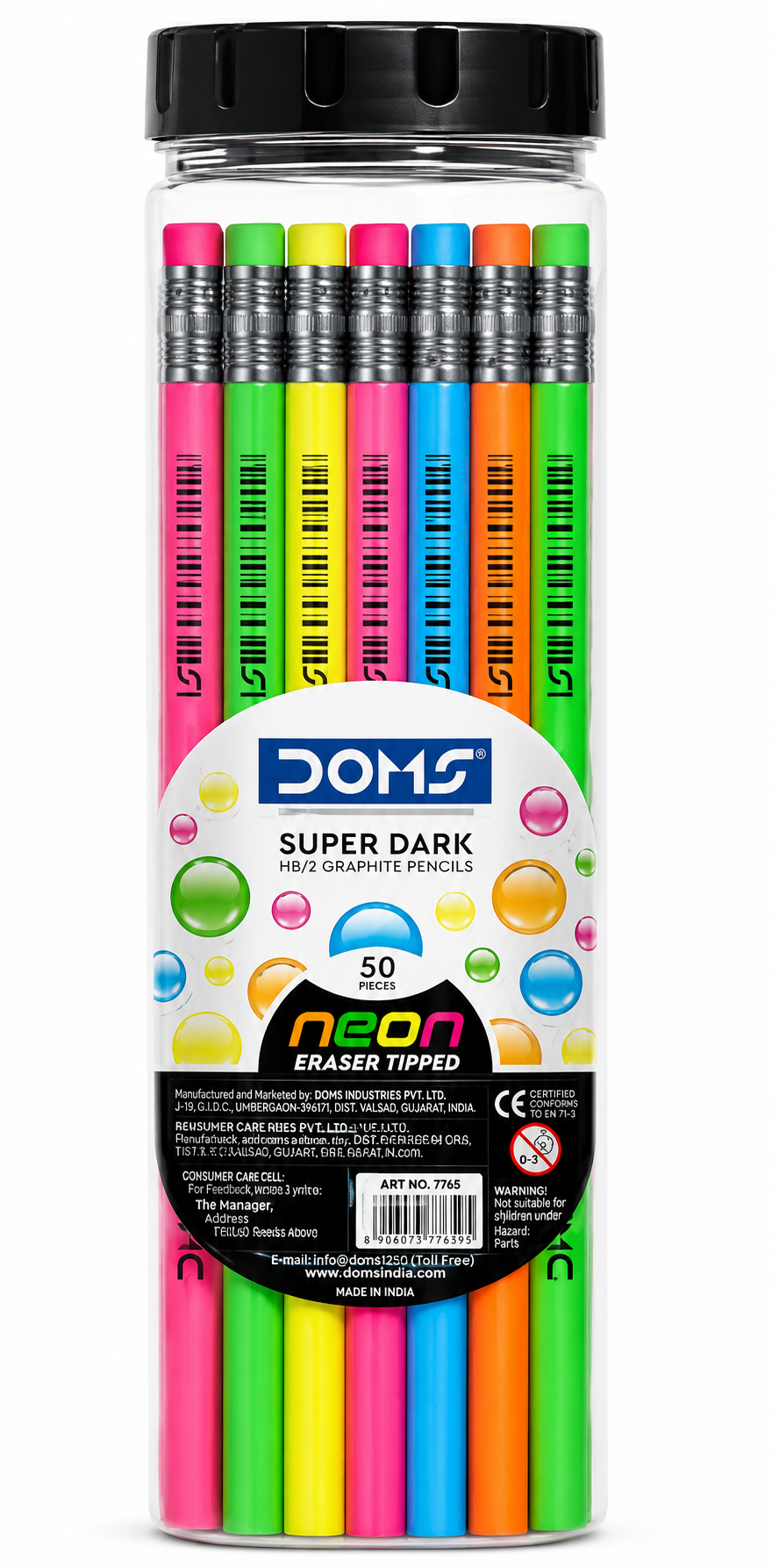 Doms Neon Rubber Tipped HB/2 Graphite Pencil Jar Pack | Confortable & Soft In Hands | Dark & Neat Handwriting | Free Sharpener, Eraser & Scale Inside | Pack of 30 Pencils