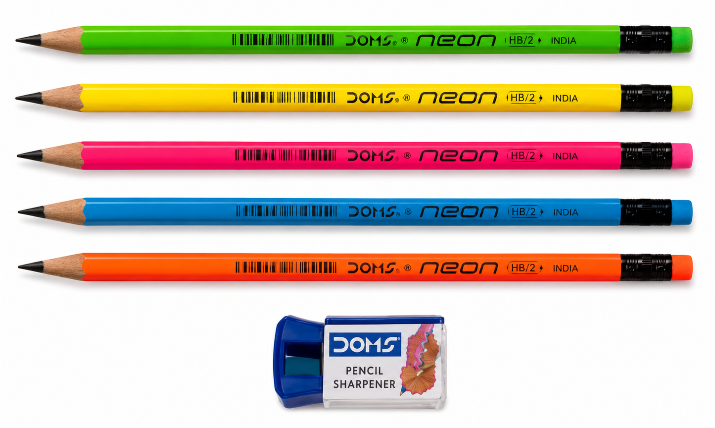 Doms Neon Rubber Tipped HB/2 Graphite Pencil Jar Pack | Confortable & Soft In Hands | Dark & Neat Handwriting | Free Sharpener, Eraser & Scale Inside | Pack of 30 Pencils