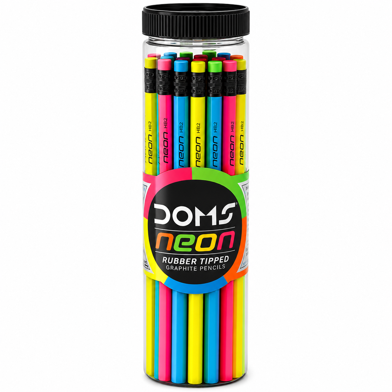 Doms Neon Rubber Tipped HB/2 Graphite Pencil Jar Pack | Confortable & Soft In Hands | Dark & Neat Handwriting | Free Sharpener, Eraser & Scale Inside | Pack of 30 Pencils