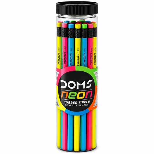 Doms Neon Rubber Tipped HB/2 Graphite Pencil Jar Pack | Confortable & Soft In Hands | Dark & Neat Handwriting | Free Sharpener, Eraser & Scale Inside | Pack of 30 Pencils