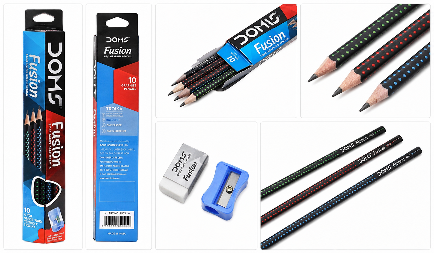 DOMS Fusion Xtra Super Dark Pencil School Stationary Rubber Tipped Graphite for Kids, Boys & Girls