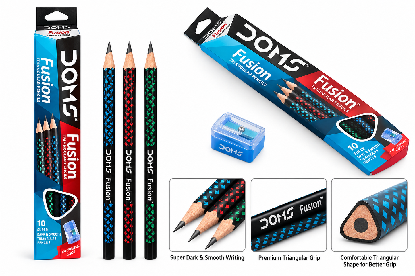 DOMS Fusion Xtra Super Dark Pencil School Stationary Rubber Tipped Graphite for Kids, Boys & Girls