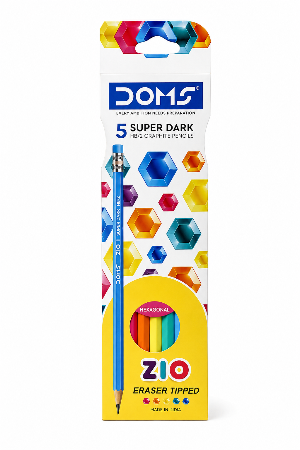 Doms ZIO Super Dark HB/2 Graphite Pencils, Hexagonal, Eraser Tipped, Pack of 5, Multicolour by Jainam Stationers