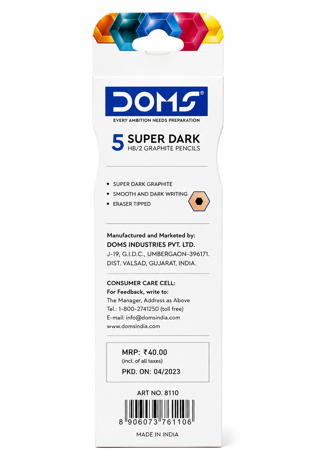 Doms ZIO Super Dark HB/2 Graphite Pencils, Hexagonal, Eraser Tipped, Pack of 5, Multicolour by Jainam Stationers