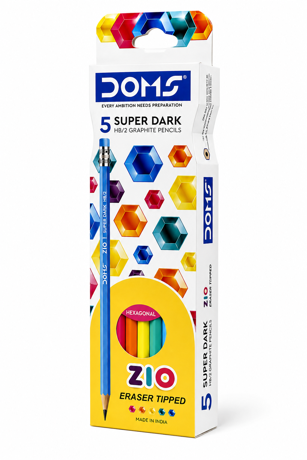 Doms ZIO Super Dark HB/2 Graphite Pencils, Hexagonal, Eraser Tipped, Pack of 5, Multicolour by Jainam Stationers