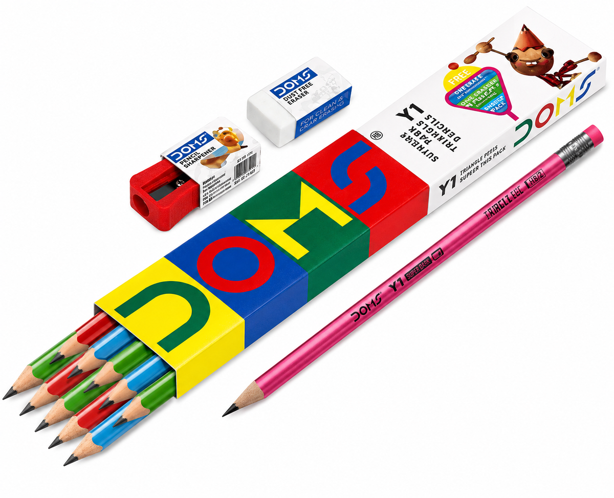 Doms Y1  Super Dark HB/2 Graphite Pencil Box Pack | Triangular Shape For Easy Hold & Comfortable Writing | Free One Eraser & Sharpner With Each Pack