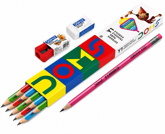 Doms Y1  Super Dark HB/2 Graphite Pencil Box Pack | Triangular Shape For Easy Hold & Comfortable Writing | Free One Eraser & Sharpner With Each Pack