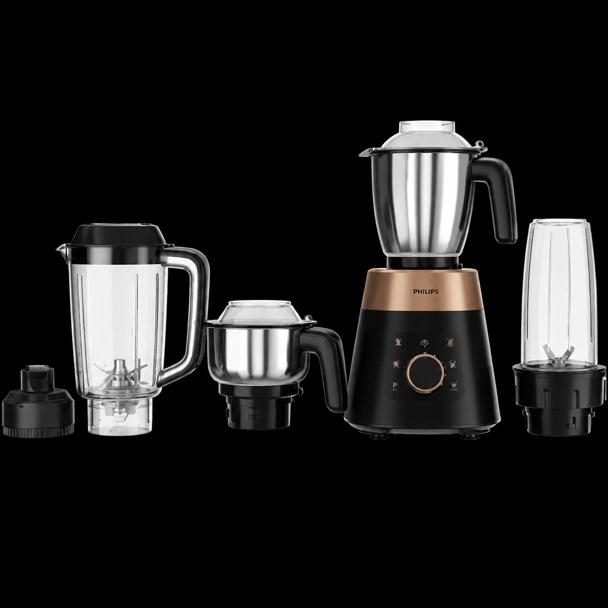 Philips HL7778/00 1000W Mixer Grinder | 4 Jars | 5 Preset Modes | Stainless Steel Jars | 3 Speed Control with Pulse | Leakproof Lids | Black (SD)