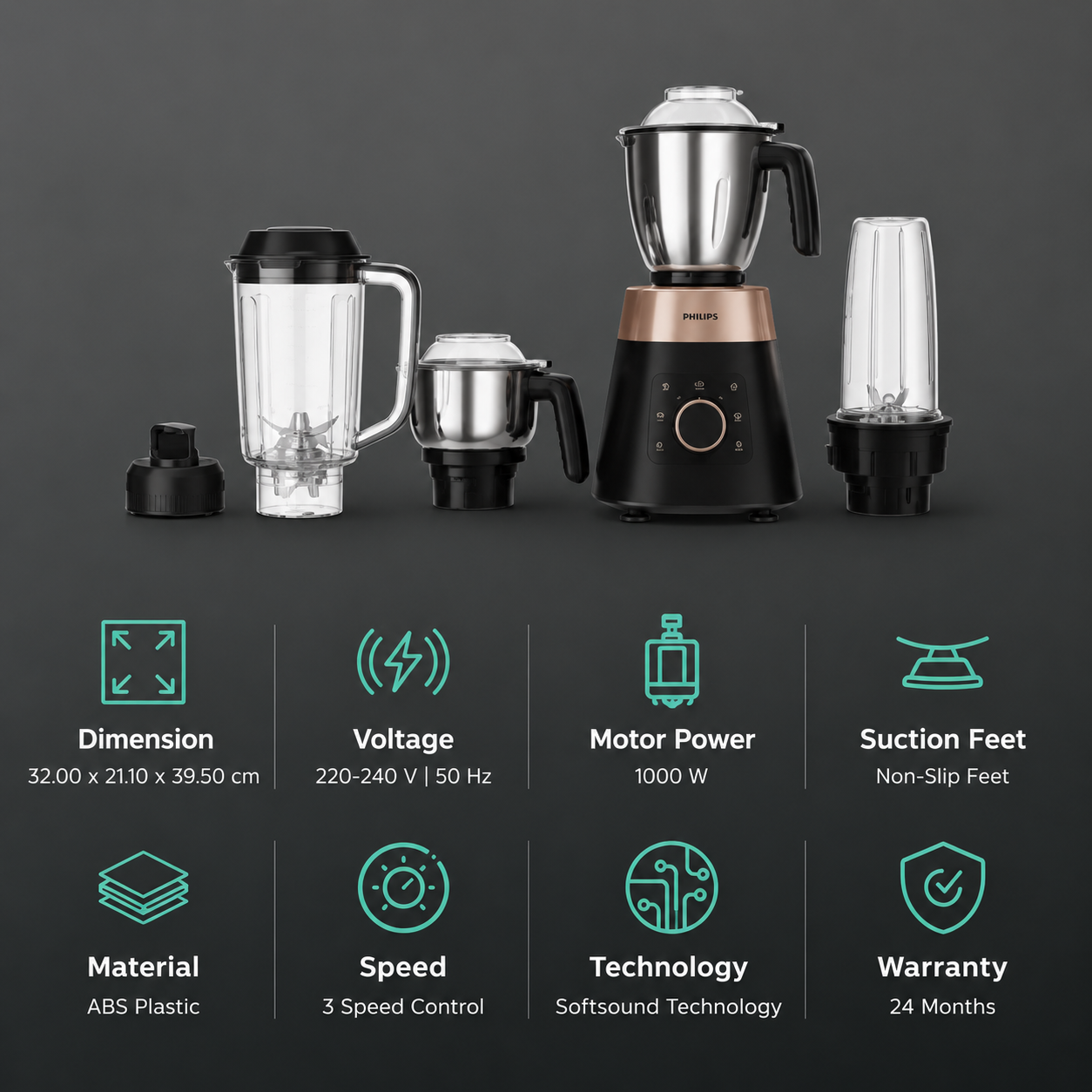 Philips HL7778/00 1000W Mixer Grinder | 4 Jars | 5 Preset Modes | Stainless Steel Jars | 3 Speed Control with Pulse | Leakproof Lids | Black (SD)