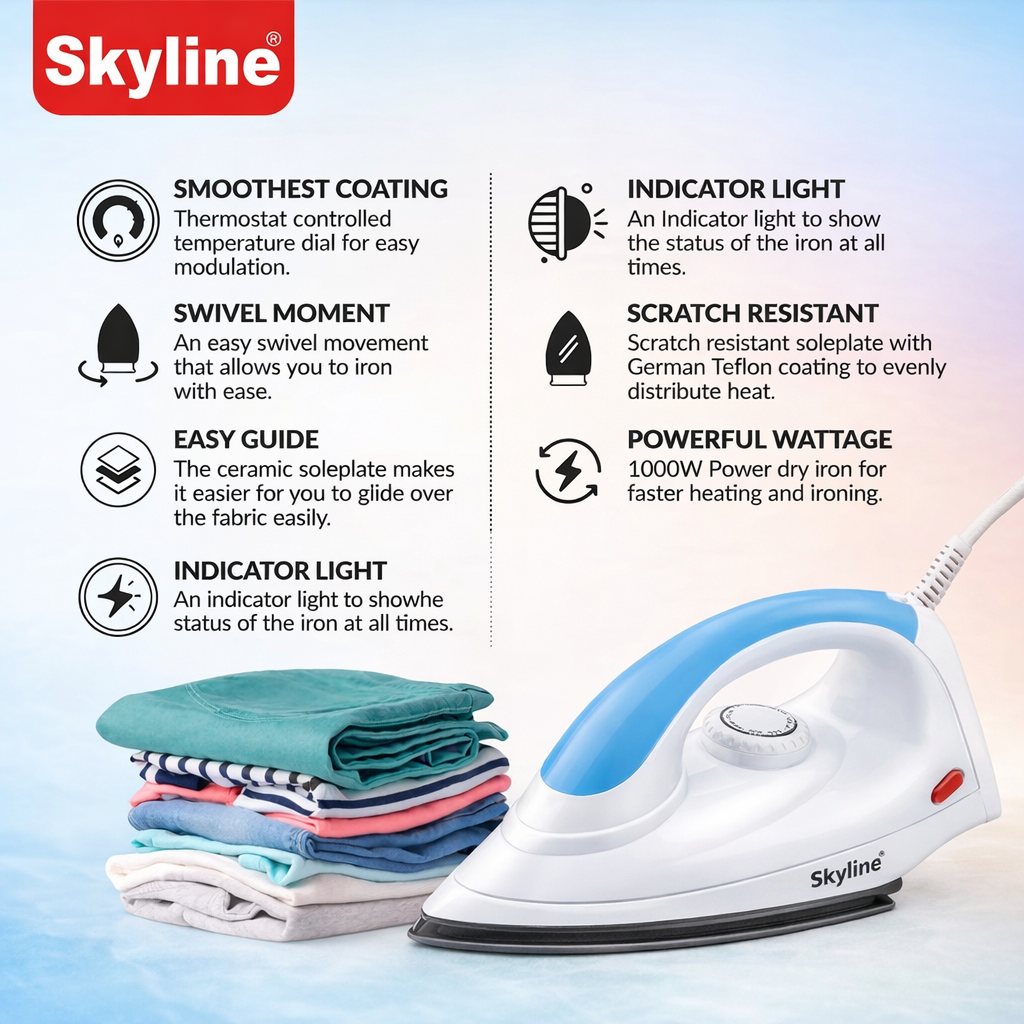 Skyline Dry Iron with 1000W Instant Heating VTL-1006