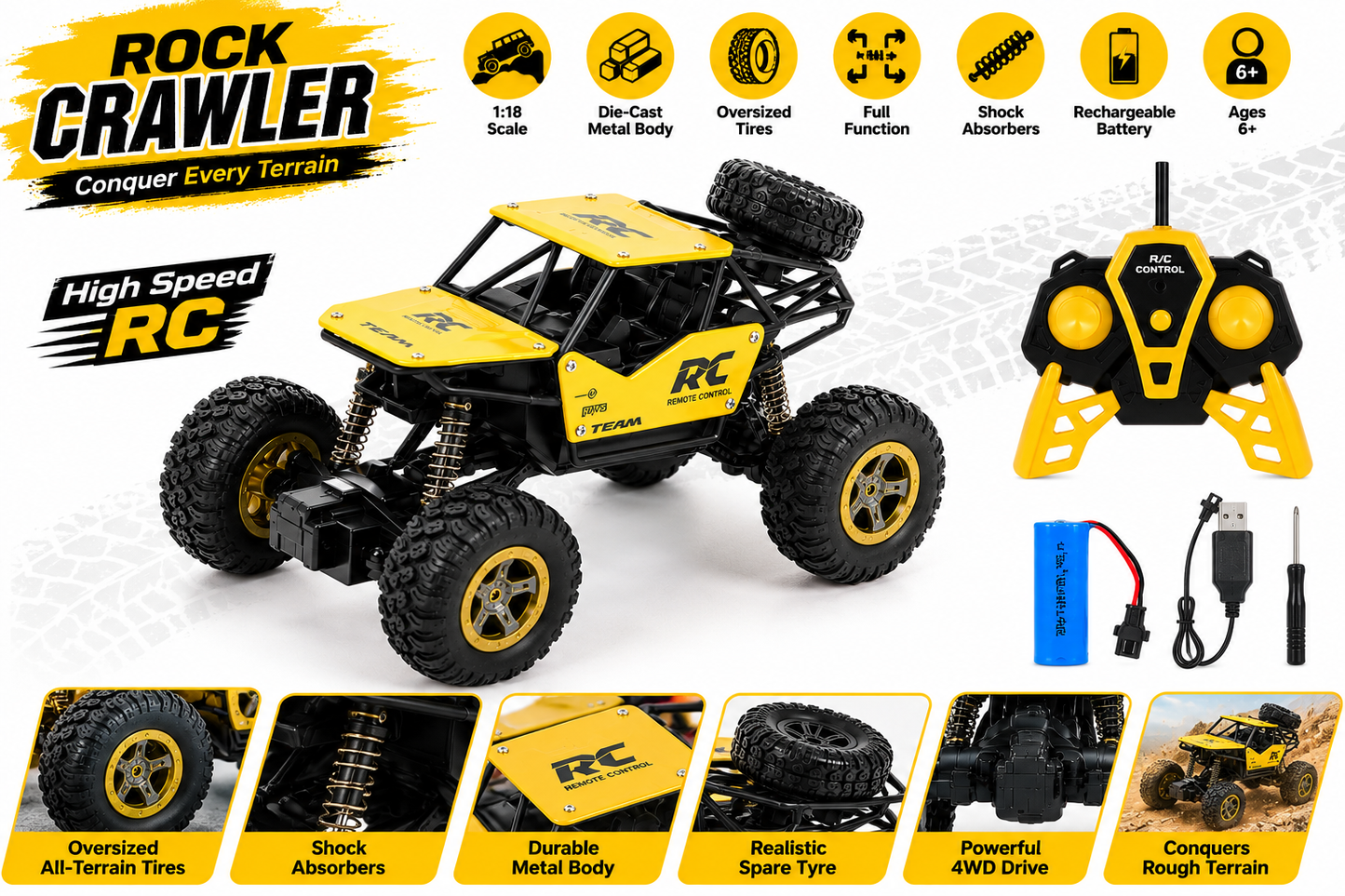 SCOFFCO 8211 1:18 RC Rock Crawler Off-Road Car | Die-Cast Metal Remote Control Climbing Truck with Oversized Tires, Independent Suspension & Rechargeable Battery | All-Terrain Toy for Kids Boys & Girls (6+ Years) (TZM)