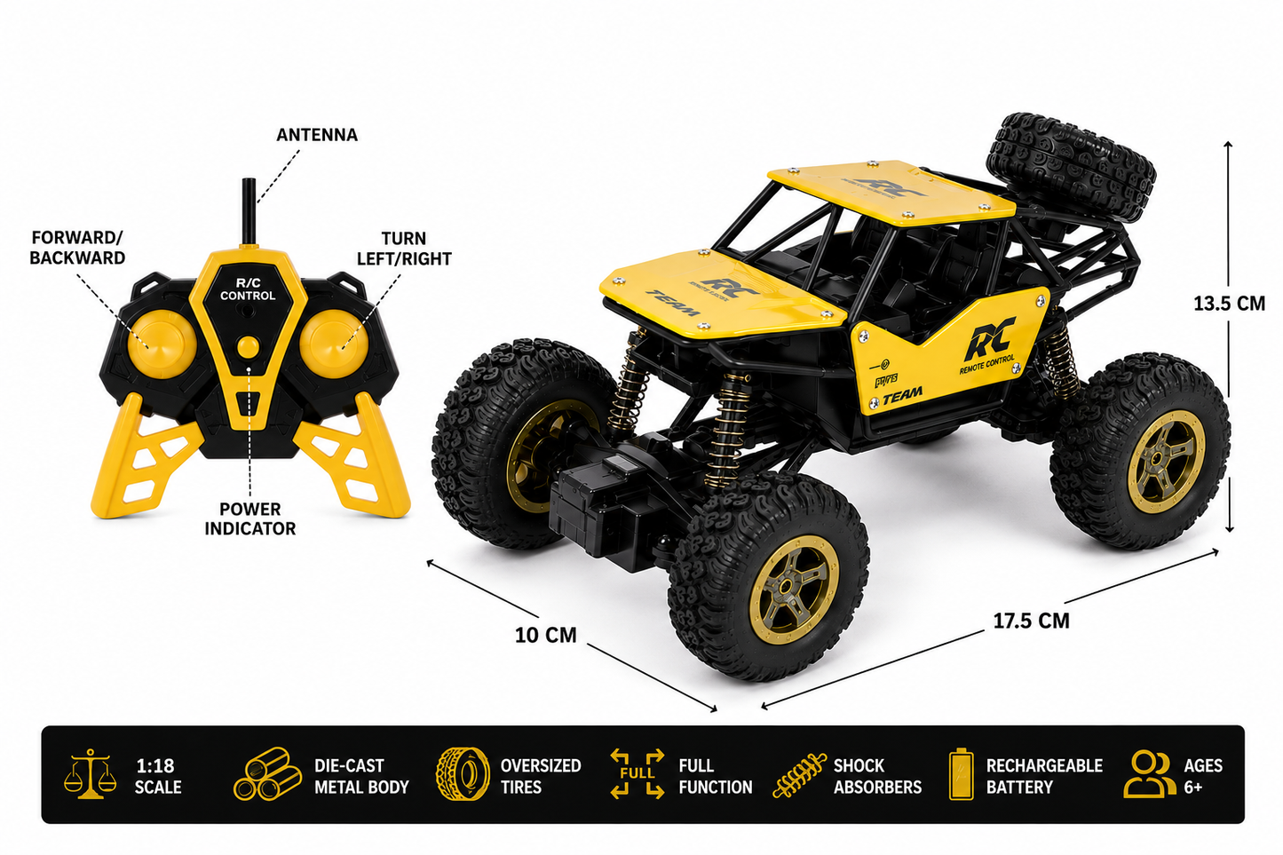 SCOFFCO 8211 1:18 RC Rock Crawler Off-Road Car | Die-Cast Metal Remote Control Climbing Truck with Oversized Tires, Independent Suspension & Rechargeable Battery | All-Terrain Toy for Kids Boys & Girls (6+ Years) (TZM)