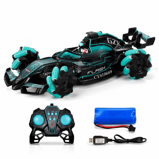 SCOFFCO 931145 7-Wheel RC Spray Stunt Formula Car | 2.4GHz Remote Control Drift Car with Mist Spray, 360° Omni-Directional Wheels, LED Lights & USB Rechargeable Battery | Toy for Kids Boys & Girls (6+ Years) (TZM)