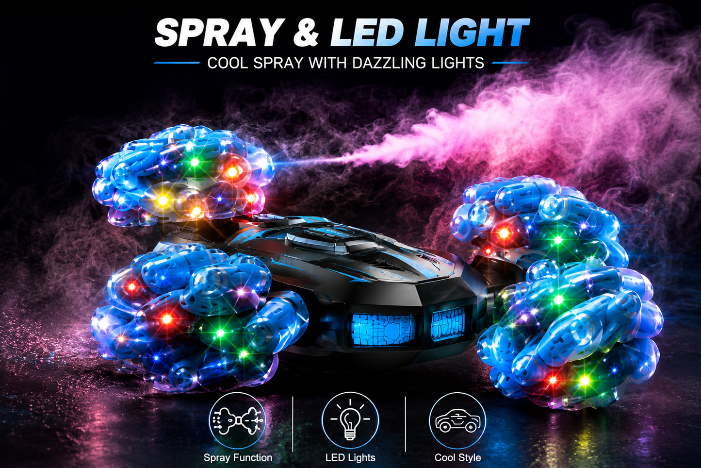 SCOFFCO 2.4GHz RC Stunt Spray Car with Mist, LED Lights, Music & 360° Rotating Drift Toy | Rechargeable Remote Control Car for Kids 6+ Years 0 OS1575 (TZM)