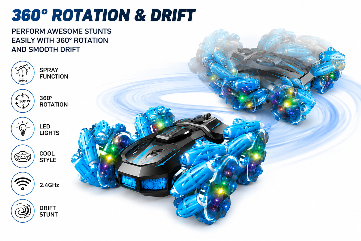 SCOFFCO 2.4GHz RC Stunt Spray Car with Mist, LED Lights, Music & 360° Rotating Drift Toy | Rechargeable Remote Control Car for Kids 6+ Years 0 OS1575 (TZM)