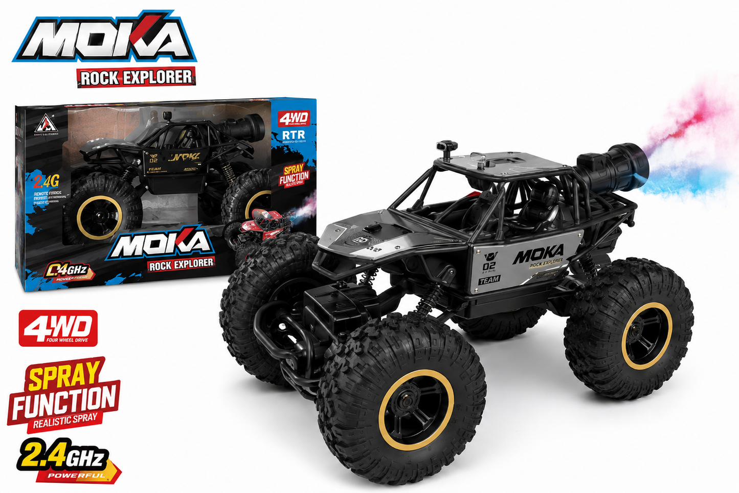 SCOFFCO 2.4GHz 4WD RC Rock Explorer Off-Road Car with Spray Mist, LED Lights & Type-C Rechargeable Battery | Remote Control Monster Truck for Kids Boys & Girls (6+ Years) 2117 (TZM)