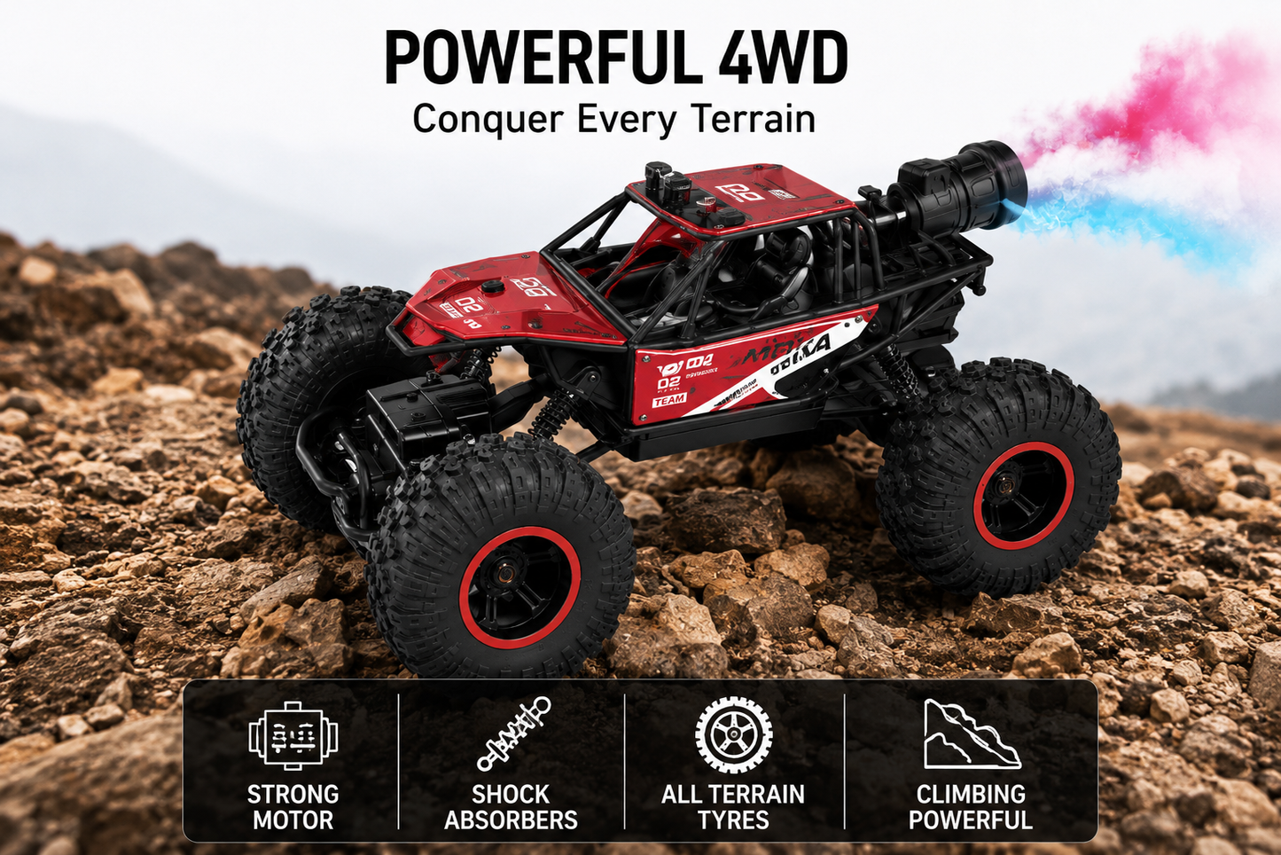 SCOFFCO 2.4GHz 4WD RC Rock Explorer Off-Road Car with Spray Mist, LED Lights & Type-C Rechargeable Battery | Remote Control Monster Truck for Kids Boys & Girls (6+ Years) 2117 (TZM)