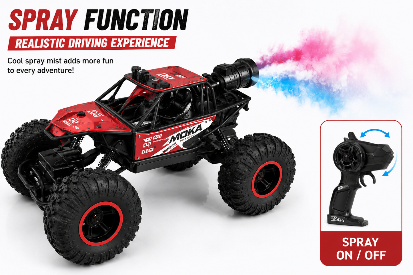 SCOFFCO 2.4GHz 4WD RC Rock Explorer Off-Road Car with Spray Mist, LED Lights & Type-C Rechargeable Battery | Remote Control Monster Truck for Kids Boys & Girls (6+ Years) 2117 (TZM)