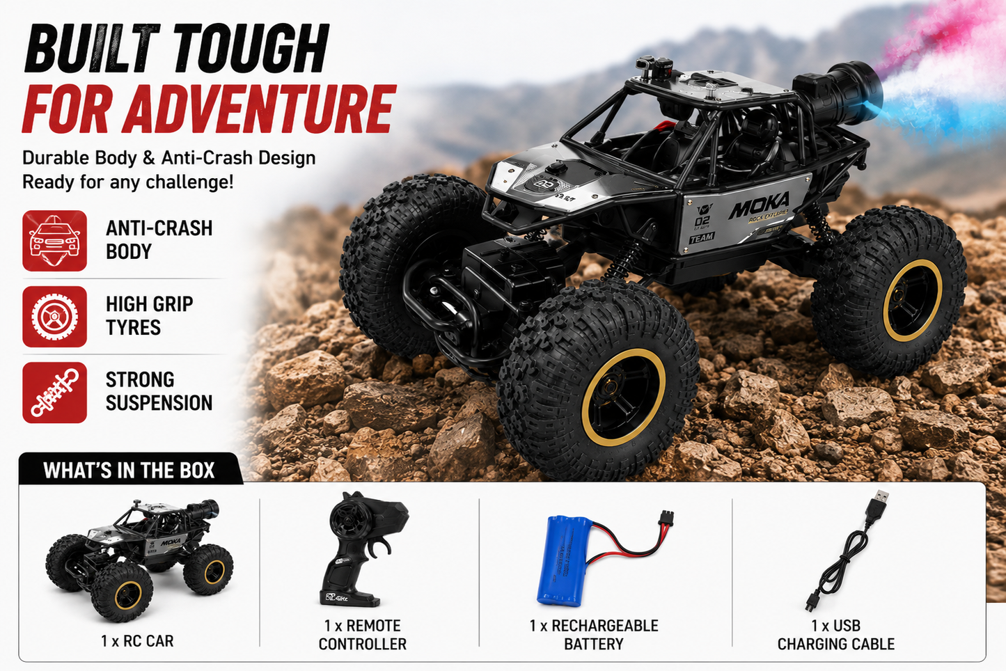 SCOFFCO 2.4GHz 4WD RC Rock Explorer Off-Road Car with Spray Mist, LED Lights & Type-C Rechargeable Battery | Remote Control Monster Truck for Kids Boys & Girls (6+ Years) 2117 (TZM)
