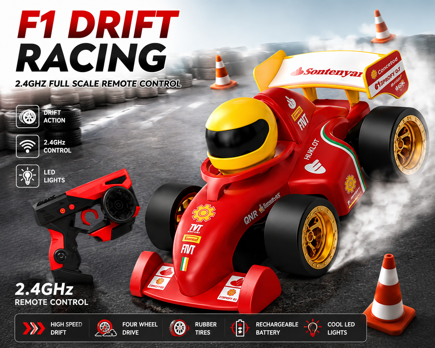 SCOFFCO 33652 2.4GHz RC F1 Formula Drift Racing Car | 4WD Full Scale Remote Control Car with Rechargeable Battery, Drift Tires & Traffic Cones | Racing Toy for Kids Boys & Girls (6+ Years) (TZM)