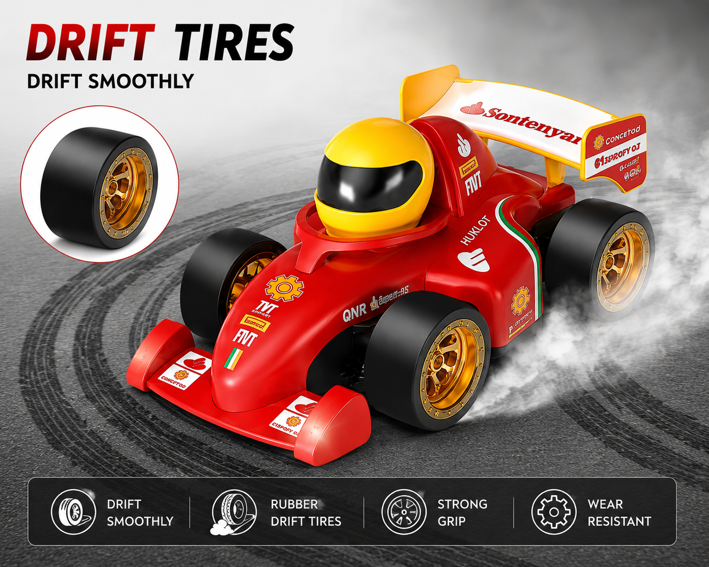 SCOFFCO 33652 2.4GHz RC F1 Formula Drift Racing Car | 4WD Full Scale Remote Control Car with Rechargeable Battery, Drift Tires & Traffic Cones | Racing Toy for Kids Boys & Girls (6+ Years) (TZM)