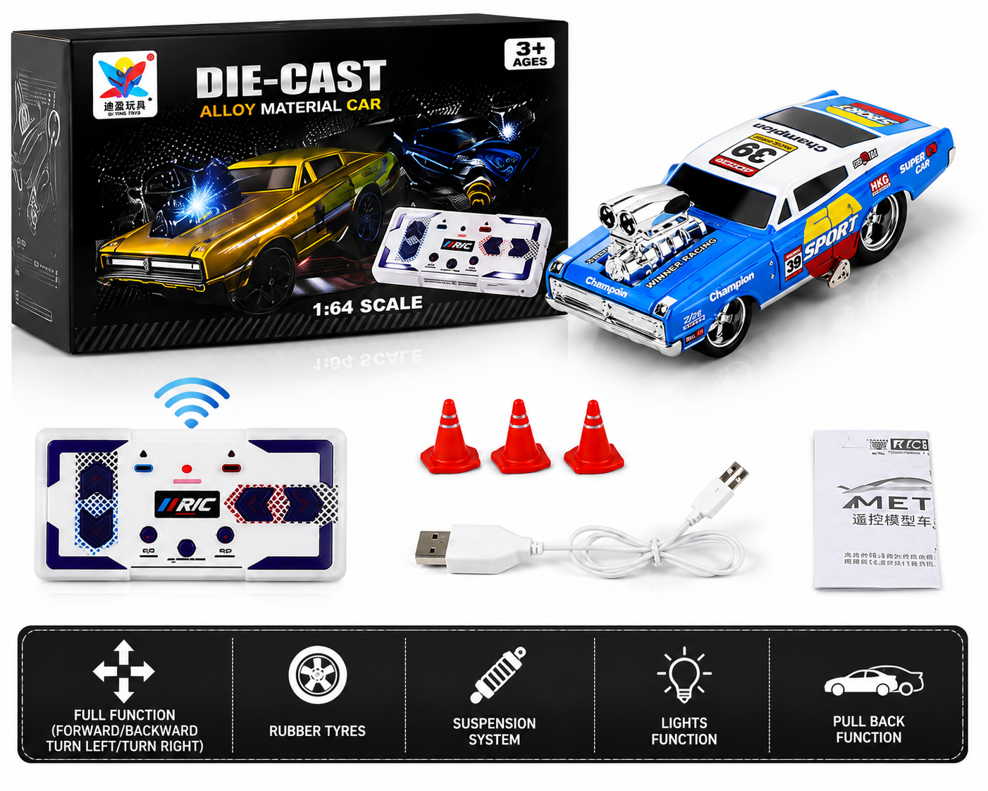 SCOFFCO K507A 1:64 Scale RC Die-Cast Muscle Car | 2.4GHz Remote Control Racing Car | Rechargeable Alloy Model Toy with USB Charging | Kids Boys & Girls (TZM)