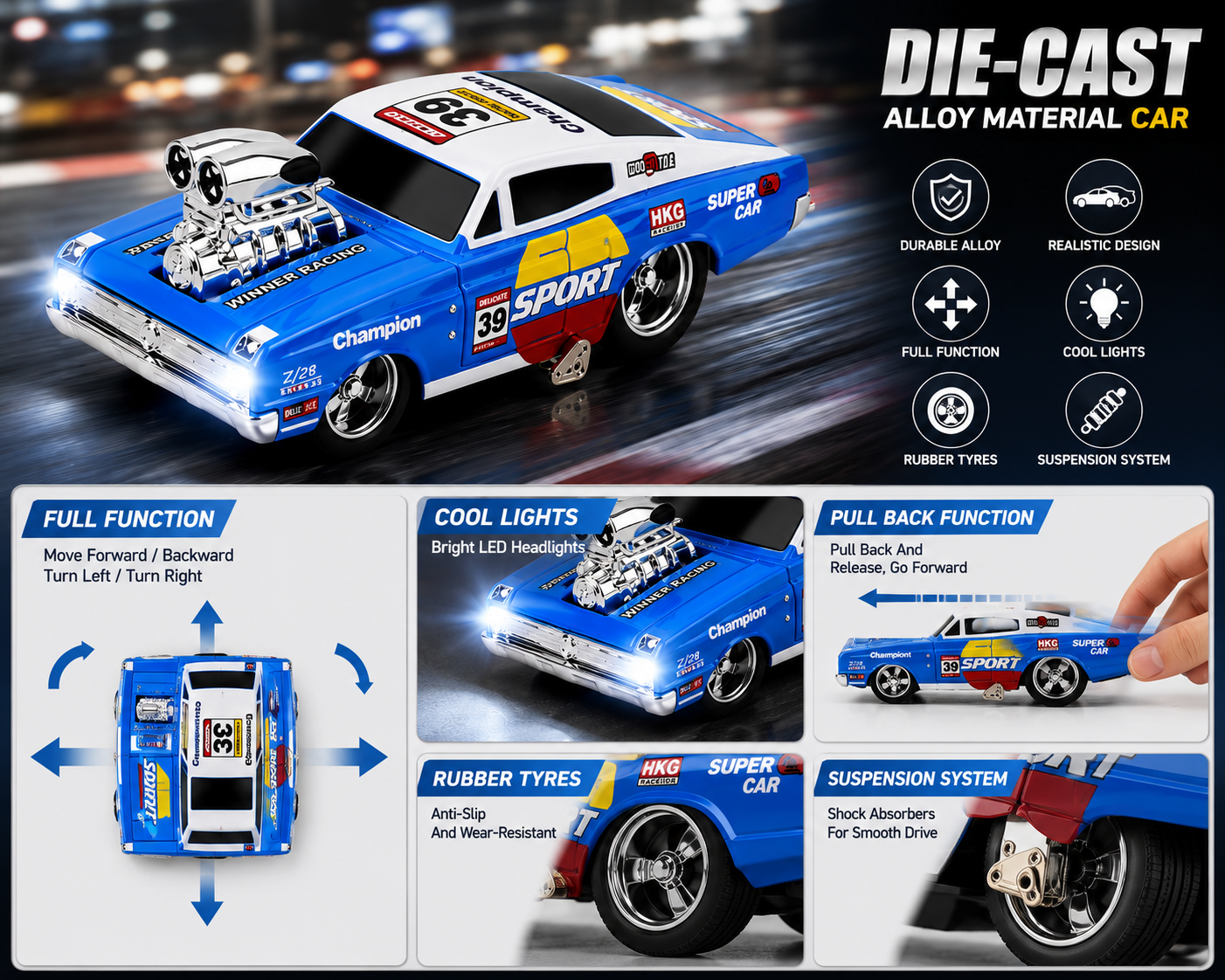 SCOFFCO K507A 1:64 Scale RC Die-Cast Muscle Car | 2.4GHz Remote Control Racing Car | Rechargeable Alloy Model Toy with USB Charging | Kids Boys & Girls (TZM)