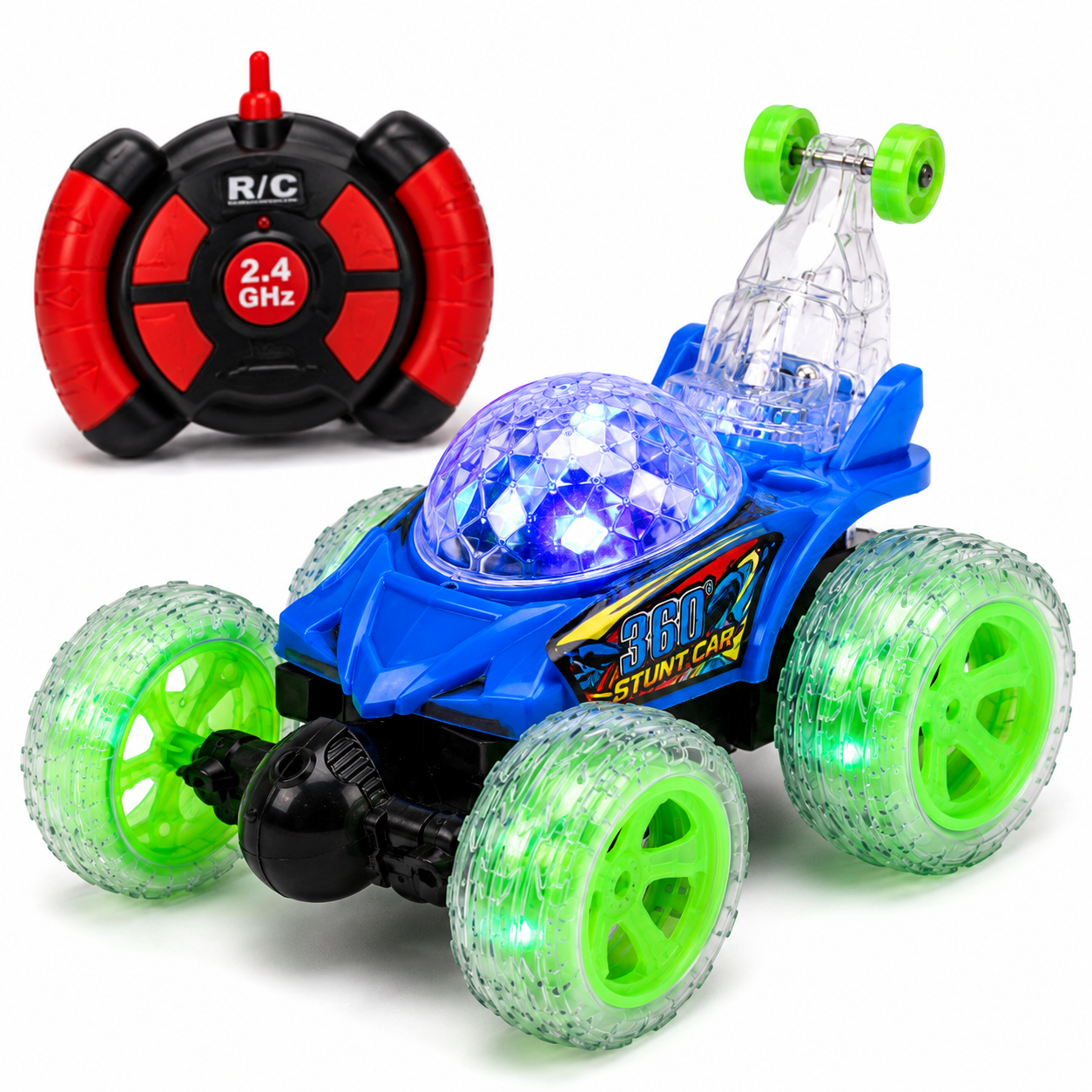 SCOFFCO 9802N 360° RC Stunt Car | 5-Function Remote Control Car with LED Flashing Wheels, Spin & Flip Action, Rechargeable Battery | Toy for Kids Boys & Girls (4+ Years) (TZM)