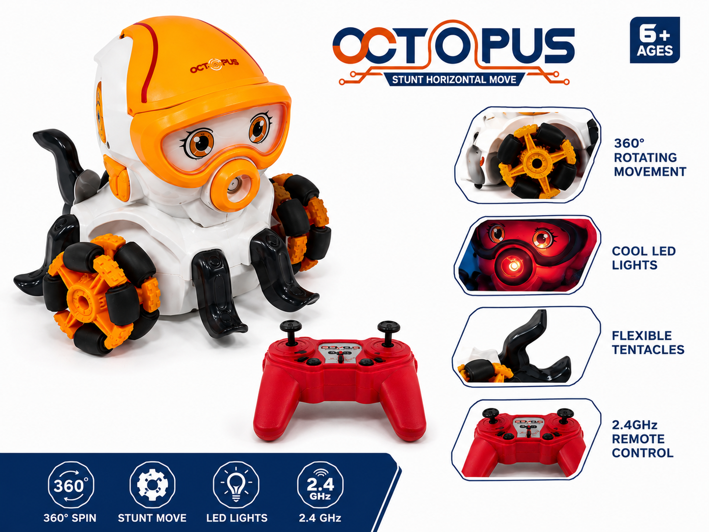SCOFFCO OS1140 Octopus RC Stunt Robot Toy | 2.4GHz Remote Control 360° Moving Robot | LED Light & Music | Rechargeable Interactive Toy for Kids Boys & Girls  (TZM)