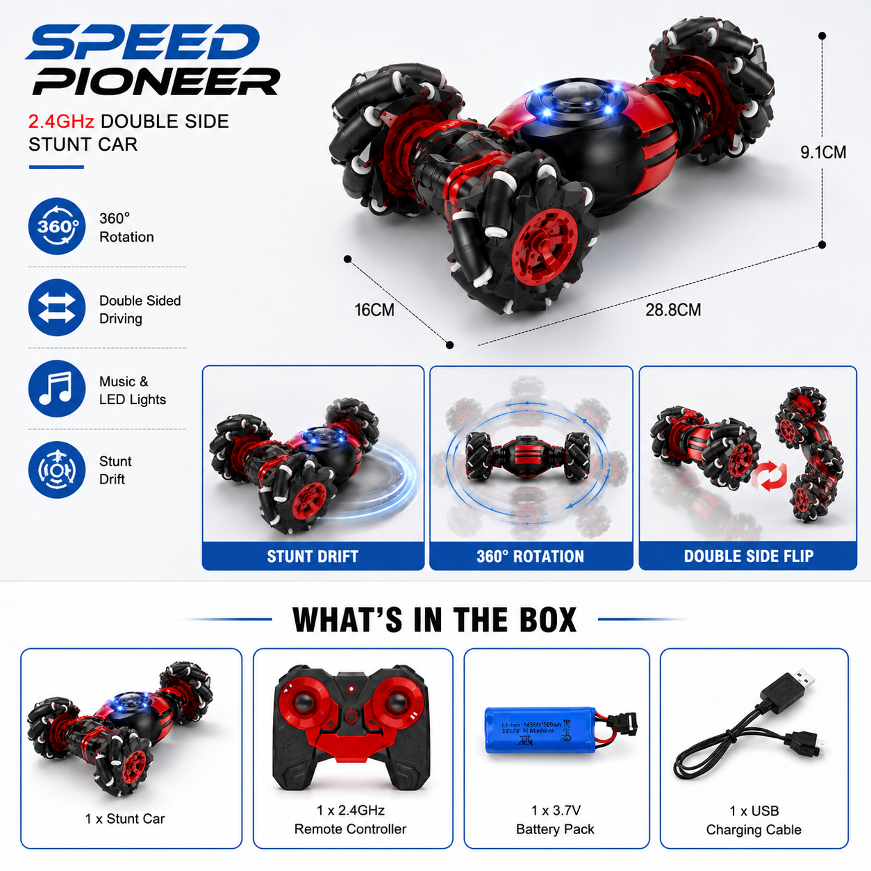SCOFFCO OS1338 Gesture Sensing RC Stunt Car | 2.4GHz Remote Control 360° Rotating Twist Car | Rechargeable All-Terrain Drift Vehicle | Gift for Kids Boys & Girls (TZM)