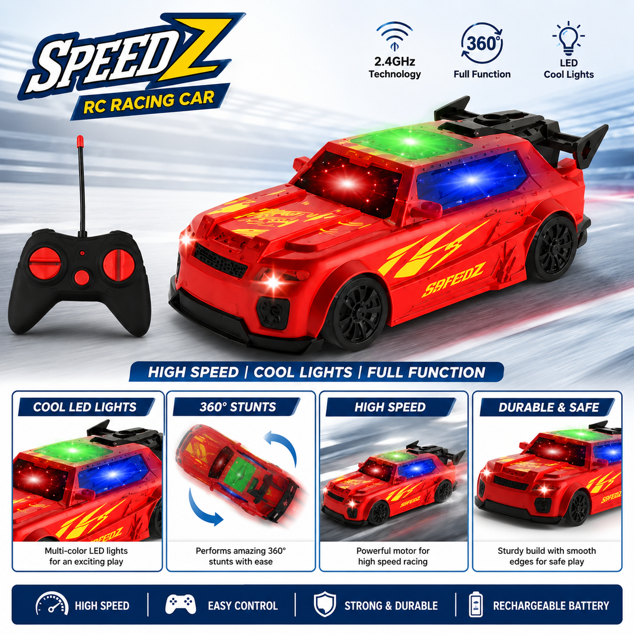 SCOFFCO OS1398 Remote Control Racing Car | 2.4GHz RC Sports Car with LED Lights | Rechargeable High-Speed Racing Vehicle | Gift for Kids Boys & Girls (TZM)