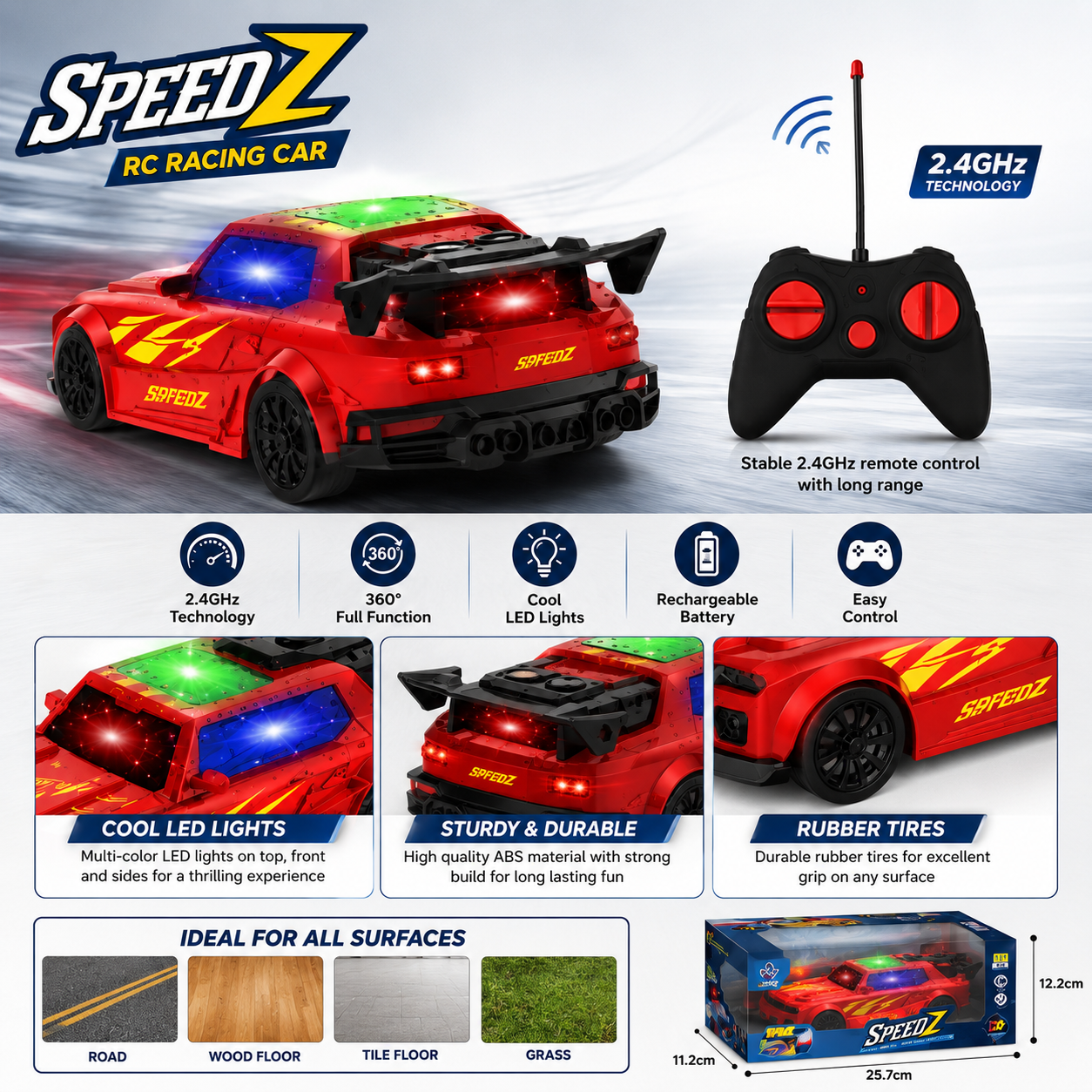 SCOFFCO OS1398 Remote Control Racing Car | 2.4GHz RC Sports Car with LED Lights | Rechargeable High-Speed Racing Vehicle | Gift for Kids Boys & Girls (TZM)