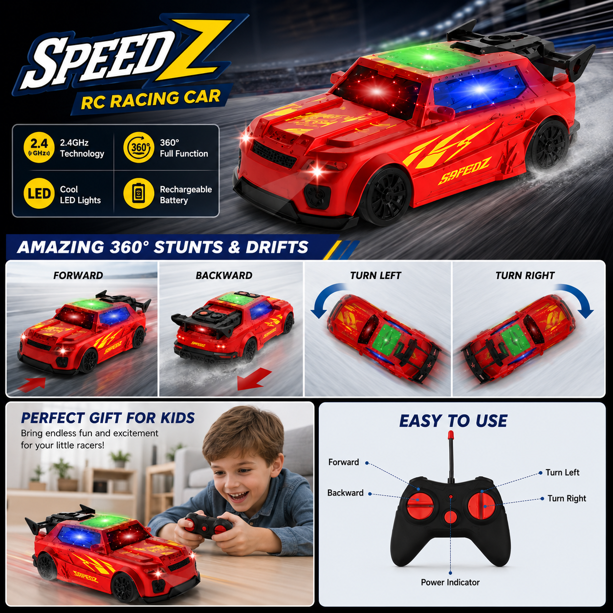 SCOFFCO OS1398 Remote Control Racing Car | 2.4GHz RC Sports Car with LED Lights | Rechargeable High-Speed Racing Vehicle | Gift for Kids Boys & Girls (TZM)