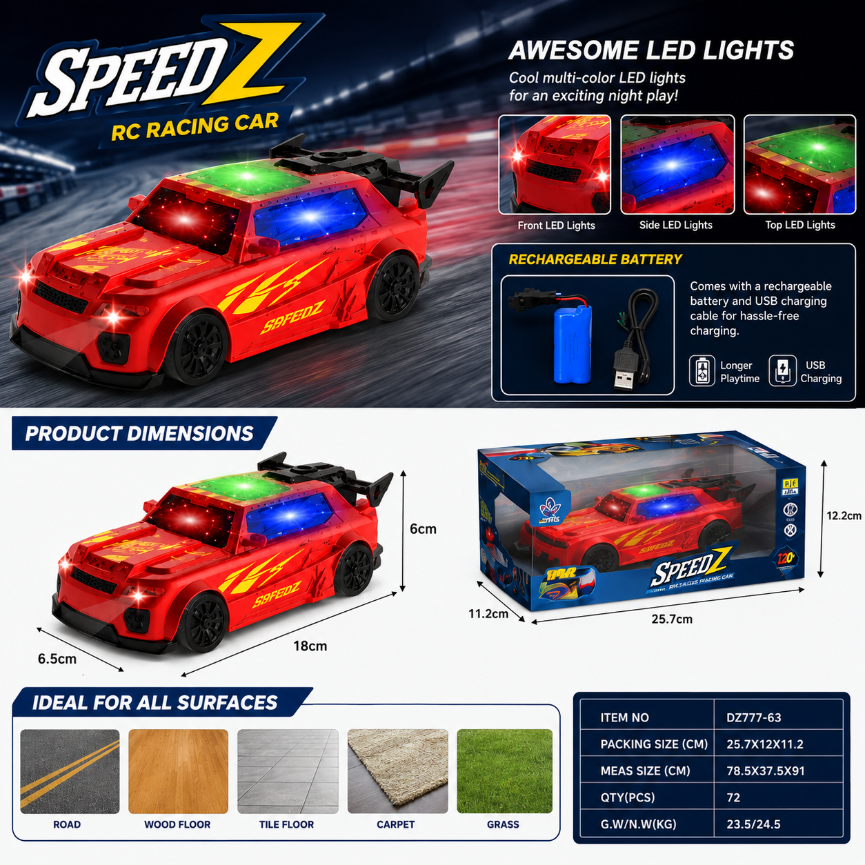 SCOFFCO OS1398 Remote Control Racing Car | 2.4GHz RC Sports Car with LED Lights | Rechargeable High-Speed Racing Vehicle | Gift for Kids Boys & Girls (TZM)
