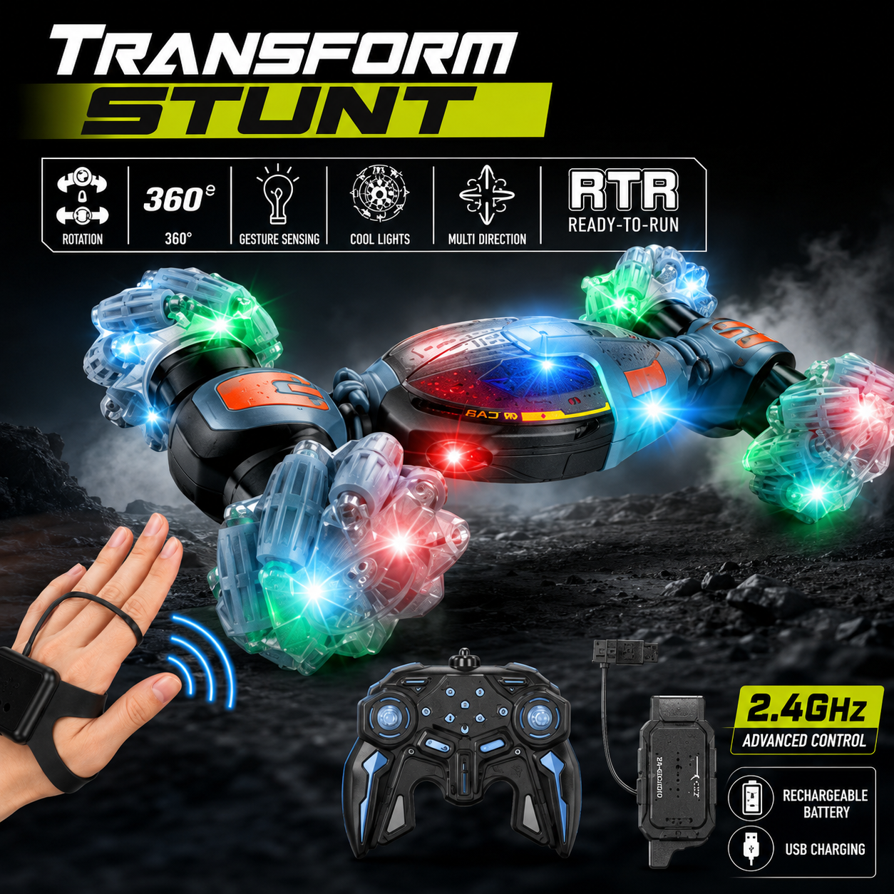 SCOFFCO OS1444 Gesture Sensing Transform Stunt RC Car | 2.4GHz Remote Control 360° Rotating Drift Vehicle | Rechargeable LED All-Terrain Toy | Gift for Kids Boys & Girls (TZM)
