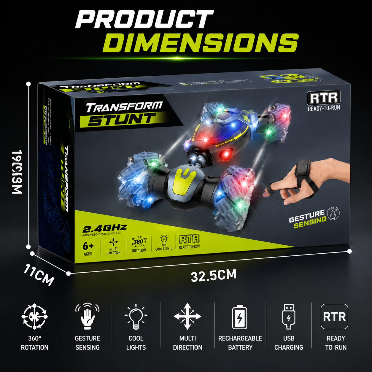 SCOFFCO OS1444 Gesture Sensing Transform Stunt RC Car | 2.4GHz Remote Control 360° Rotating Drift Vehicle | Rechargeable LED All-Terrain Toy | Gift for Kids Boys & Girls (TZM)
