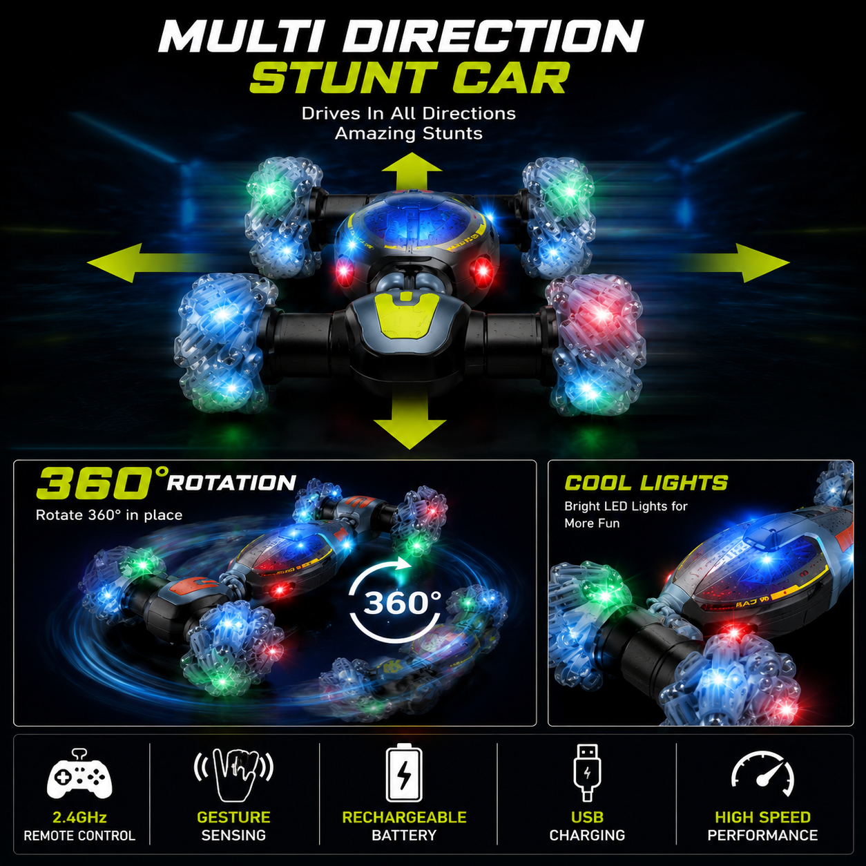 SCOFFCO OS1444 Gesture Sensing Transform Stunt RC Car | 2.4GHz Remote Control 360° Rotating Drift Vehicle | Rechargeable LED All-Terrain Toy | Gift for Kids Boys & Girls (TZM)