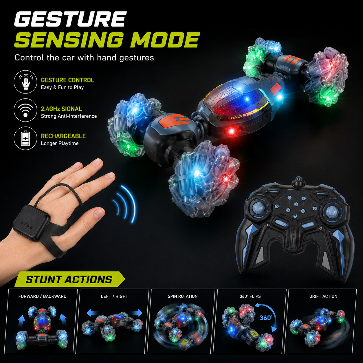 SCOFFCO OS1444 Gesture Sensing Transform Stunt RC Car | 2.4GHz Remote Control 360° Rotating Drift Vehicle | Rechargeable LED All-Terrain Toy | Gift for Kids Boys & Girls (TZM)