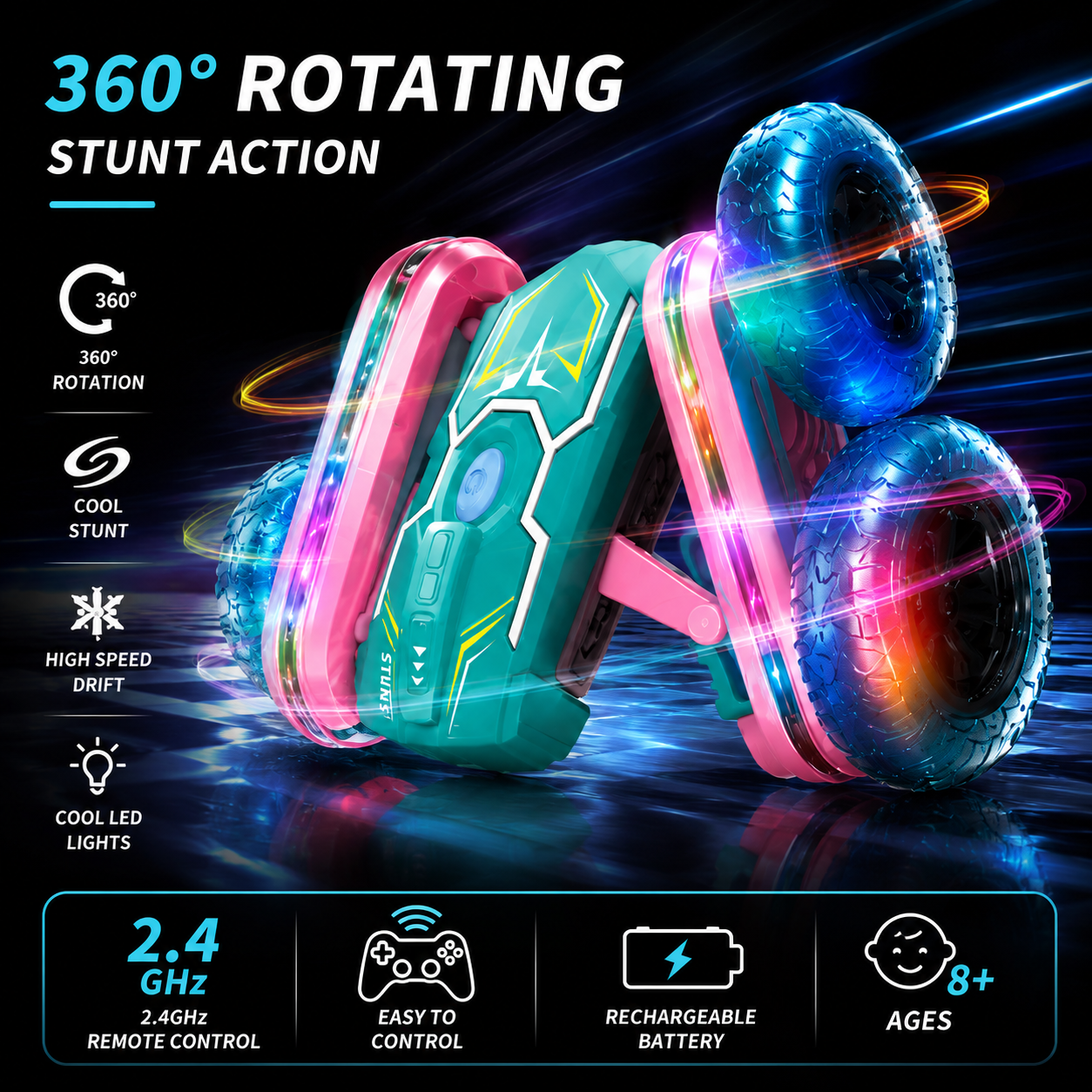 SCOFFCO OS1486 RC Stunt Car | 2.4GHz Remote Control 360° Rotating Drift Car | Rechargeable LED Double-Sided All-Terrain Vehicle | Gift for Kids Boys & Girls (TZM)